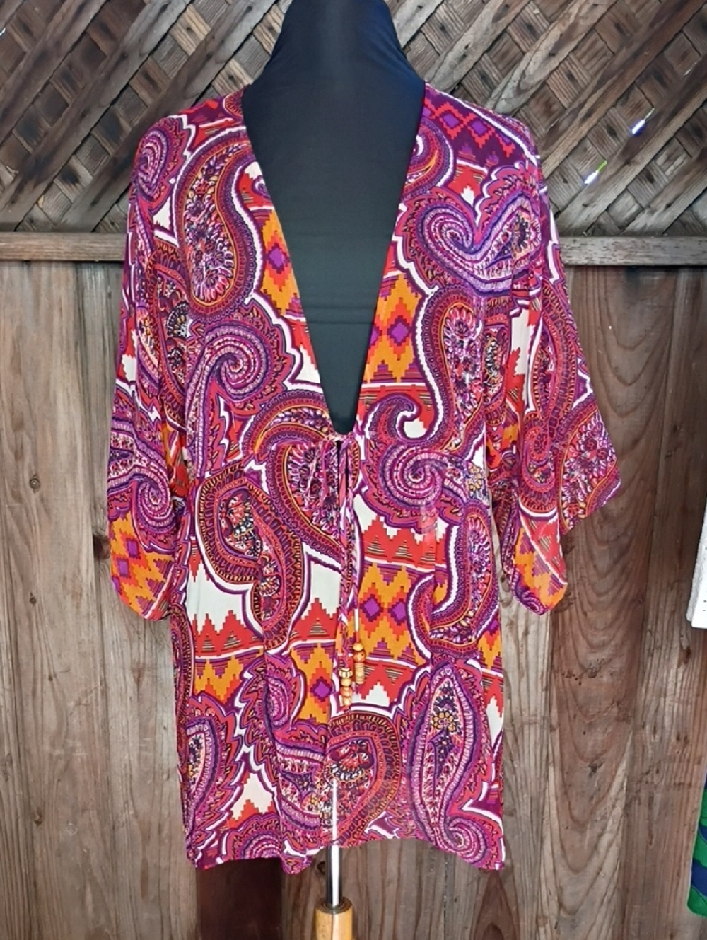 CAbi Vibrant Paisley Tie-Front Kimono Top